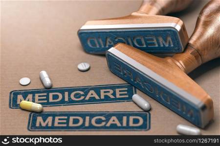3D illustration of two rubber stamps with the words Mercicare and Medicaid over paper background.. Medicare and Medicaid, National Health Insurance Program In The United States.