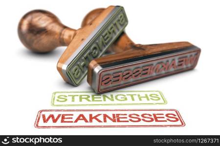 3D illustration of two rubber stamps with the words strengths and weaknesses over white background. Strengths and Weaknesses Words And Two Rubber Stamps Over white Background