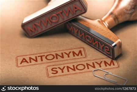 3D illustration of two rubber stamps withe the text antonym and synonym. Linguistics and semantics concept. Semantics, opposite words antonym and synonym. Linguistics Concept