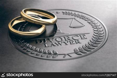 3D illustration of two used golden rings over a divorce lawyer sign unbossed on a black paper.. Ending a Marriage, Divorce Lawyer Concept