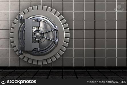 3d illustration of vault door over steel wall background. 3d safe vault door
