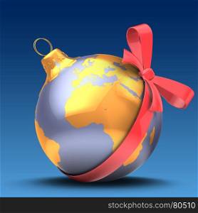 3d illustration of violet Christmas ball over blue background with earth map and red bow