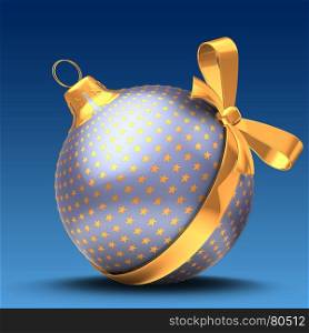 3d illustration of violet Christmas ball over blue background with stars ornament and golden ribbon