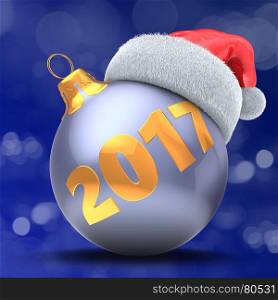 3d illustration of violet Christmas ball over bokeh blue background with 2017 year sign and Christmas hat