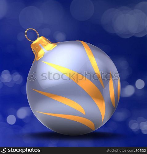 3d illustration of violet Christmas ball over bokeh blue background with golden ornament