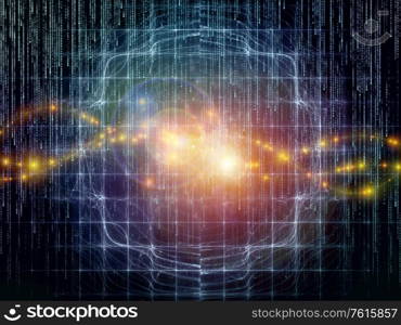 3D Illustration of virtual space using fractal grids and lights with overlay of matrix numbers on the subject of mathematics, geometry, science, education and communication technology.