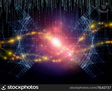3D Illustration of virtual space using fractal grids and lights with overlay of matrix numbers on the subject of mathematics, geometry, science, education and communication technology.