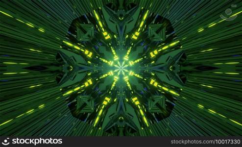 3d illustration of vivid glowing green neon lines in tunnel motion in fi art style. Shiny neon illumination forming geometric shapes on 3d illustration