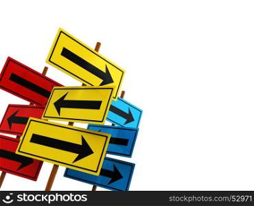 3d illustration of white background with direction signs at left side