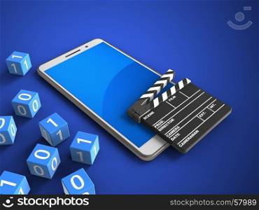 3d illustration of white phone over blue background with binary cubes and cinema clap. 3d blue