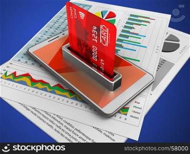 3d illustration of white phone over blue background with business papers and bank card. 3d white phone