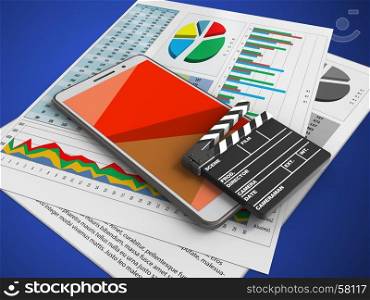 3d illustration of white phone over blue background with business papers and cinema clap. 3d business papers