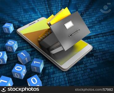 3d illustration of white phone over digital background with binary cubes and archive. 3d binary cubes