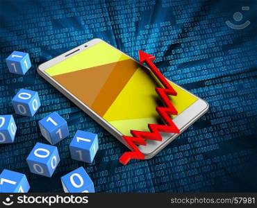 3d illustration of white phone over digital background with binary cubes and arrow chart. 3d binary cubes