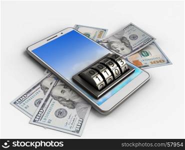 3d illustration of white phone over white background with banknotes and lock dial. 3d lock dial
