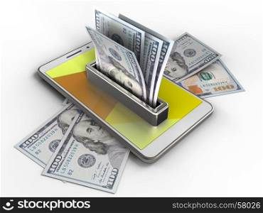3d illustration of white phone over white background with banknotes and money. 3d money