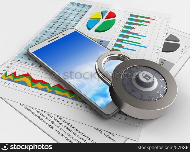 3d illustration of white phone over white background with business papers and lock. 3d sky