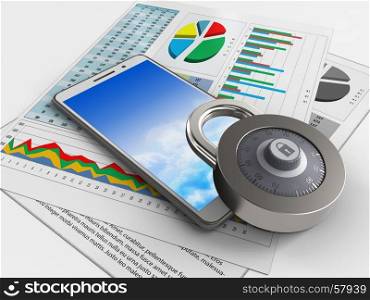 3d illustration of white phone over white background with business papers and lock. 3d sky