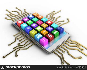 3d illustration of white phone over white background with electronic circuit and application icons. 3d white phone