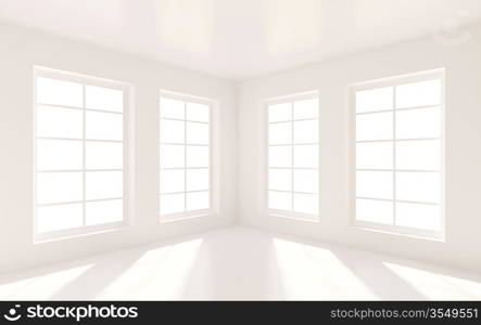 3d Illustration of White Room Interior with Windows