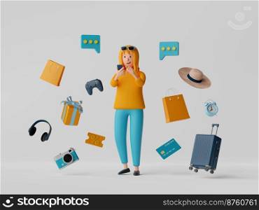 3d illustration of woman shopping online via application on smartphone with shopping item.