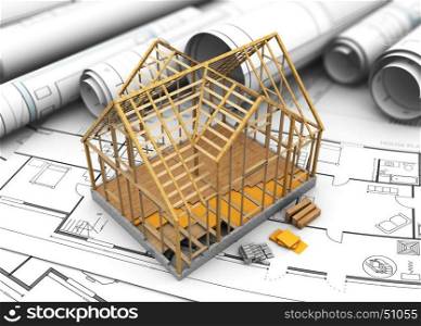 3d illustration of wooden house frame and floor insulation