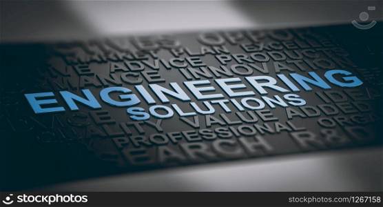 3D illustration of word cloud with focus on the text engineering solutions. Blue and black background.. Engineering Solutions