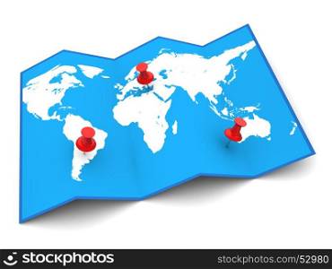 3d illustration of world map and red pins