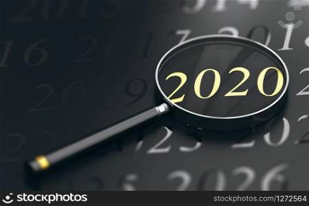 3D illustration of year 2020 written in golden letters and a magnifying glass over black background. Focus on Year 2020, Two Thousand Twenty