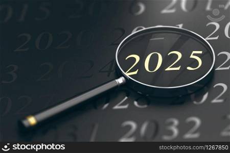 3D illustration of year 2025 written in golden letters and a magnifying glass over black background. Focus on Year 2025