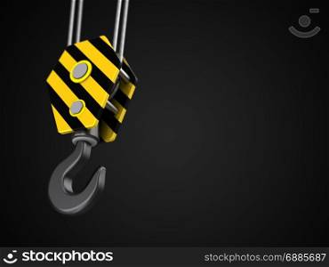3d illustration of yellow crane hook over black background. 3d of yellow crane hook