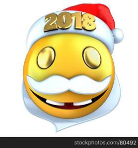 3d illustration of yellow emoticon smile with 2018 Christmas hat over white background. 3d yellow emoticon smile with 2018 Christmas hat