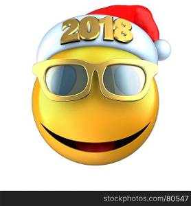 3d illustration of yellow emoticon smile with 2018 Christmas hat over white background. 3d yellow emoticon smile with 2018 Christmas hat