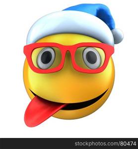 3d illustration of yellow emoticon smile with Christmas hat over white background. 3d yellow emoticon smile with Christmas hat