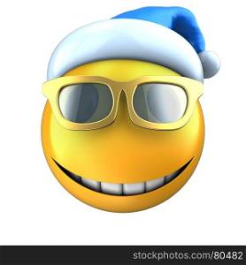 3d illustration of yellow emoticon smile with Christmas hat over white background. 3d yellow emoticon smile with Christmas hat