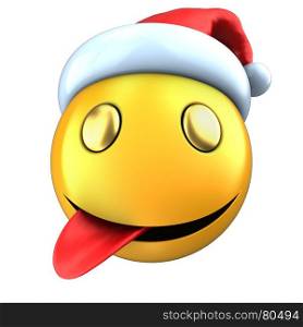 3d illustration of yellow emoticon smile with christmas hat over white background. 3d yellow emoticon smile with christmas hat