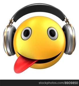 3d illustration of yellow emoticon smile with headphones over white background. 3d yellow emoticon smile