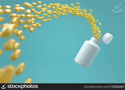 3D illustration of yellow pills with white plastic bottle mock up (clipping path or work path included)