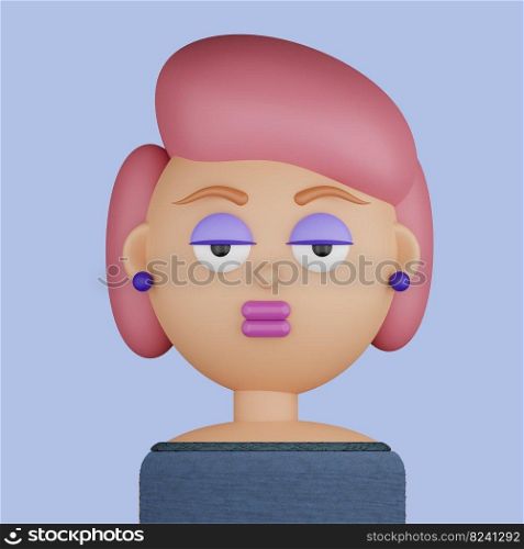 3D illustration of young woman. Cartoon close up portrait of standing young woman on a blue background. 3D Avatar for ui ux.