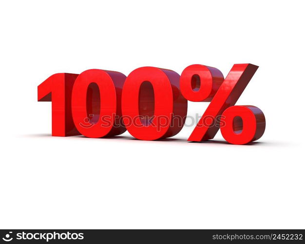 3d Illustration: One Hundred 100 Percent Sign, Red 100% Percent Discount 3d Sign on White Background, Special Offer 100% Discount Tag, ConfirmationButton, Validation Tag, Process Symbol