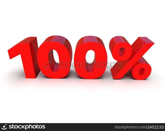 3d Illustration: One Hundred 100 Percent Sign, Red 100% Percent Discount 3d Sign on White Background, Special Offer 100% Discount Tag, ConfirmationButton, Validation Tag, Process Symbol