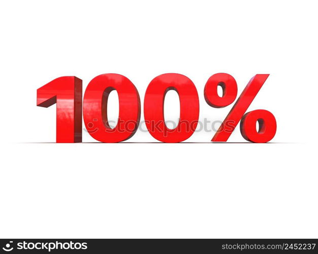 3d Illustration: One Hundred 100 Percent Sign, Red 100% Percent Discount 3d Sign on White Background, Special Offer 100% Discount Tag, ConfirmationButton, Validation Tag, Process Symbol