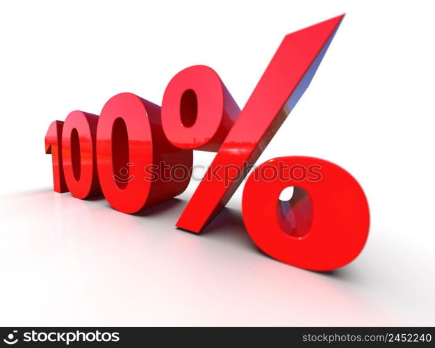 3d Illustration: One Hundred 100 Percent Sign, Red 100% Percent Discount 3d Sign on White Background, Special Offer 100% Discount Tag, ConfirmationButton, Validation Tag, Process Symbol