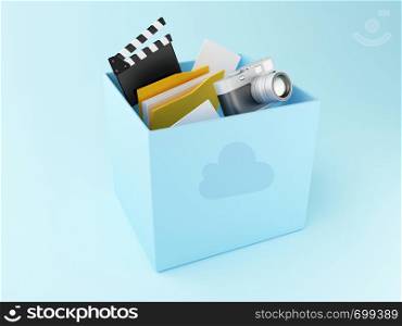 3d illustration. Open box with files on blue background. Cloud storage and Computing concept.
