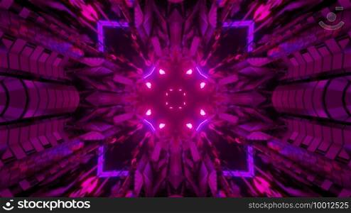 3d illustration optical illusion abstract background in pink and purple neon colors with gleaming lines and spots creating geometrical pattern inside of futuristic tunnel with glowing cells. Futuristic geometric pattern with shiny lights 3d illustration