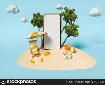 3d illustration. Palms and beach with chair, Beach umbrella and Smartphone on sand. Travel and Summer vacation concept.