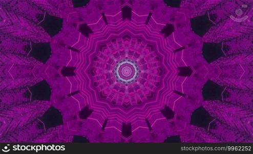 3d illustration perspective visual abstract background with symmetric lace kaleidoscopic pattern and circular floral center in neon purple colors. Abstract circular geometric ornament 3d illustration