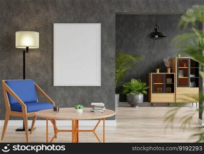 3D illustration photo frame on the wall in living room, scandinavian style interior with wooden furniture and houseplant in natural decoration concept, rendering