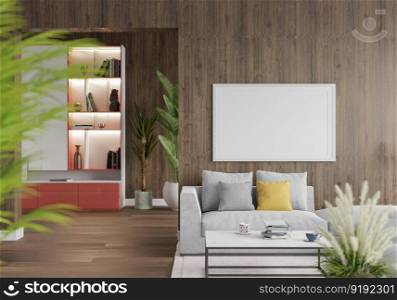 3D illustration photo frame on the wall in living room, scandinavian style interior with cozy furniture and houseplant in natural decoration concept, rendering