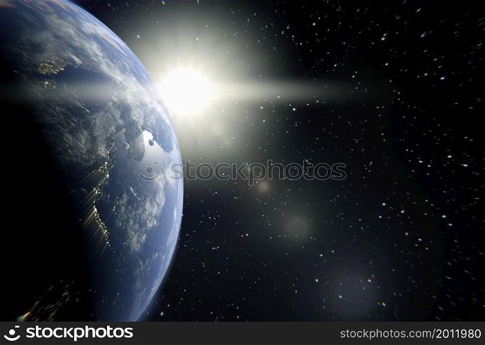 3d illustration. Planet Earth with a spectacular sunset . Copy space for logo and text